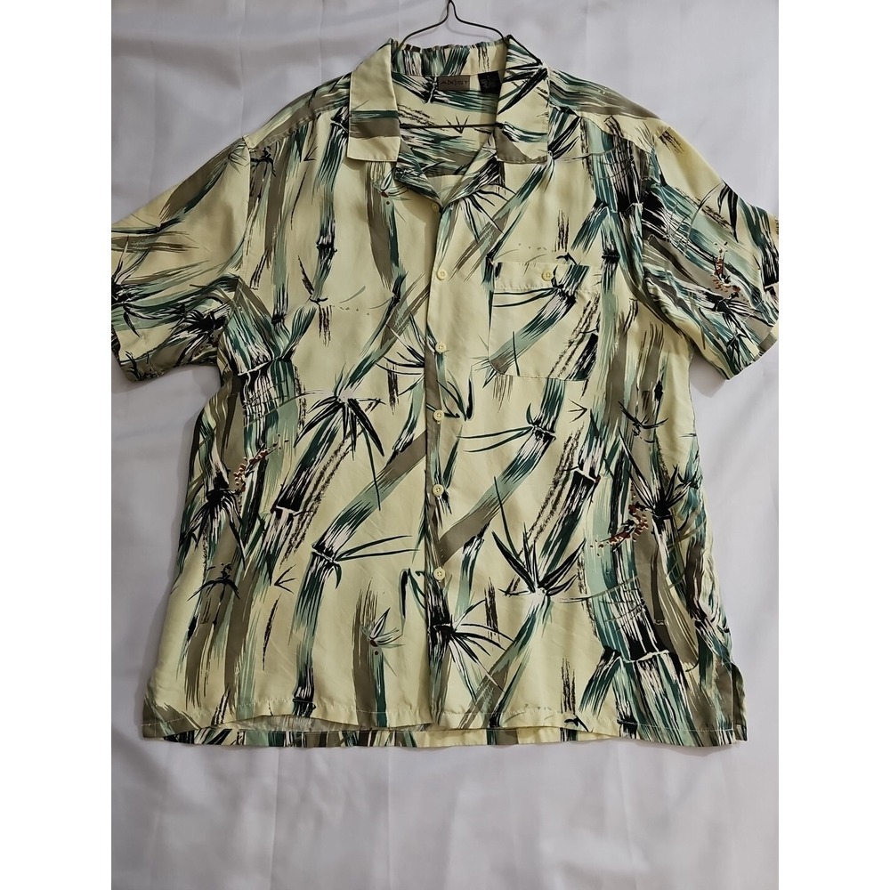 Axist Silk Hawaiian Camp Shirt Men's L‎ Butter Yellow & Green